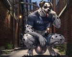 abs absurd_res anthro balls big_balls canid canine canis clothed clothing code_0_0 crouching dalmatian domestic_dog genitals hi_res male mammal muscular muscular_male partially_clothed police presenting shirt solo tongue tongue_out topwear