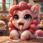 bakery blue_eyes bodily_fluids cum cum_on_face female fur genital_fluids hair open_mouth pink_body pink_fur pink_hair solo tongue tongue_out upper_body venisoncreampie pinkie_pie_(mlp) equid equine horse mammal my_little_pony pony