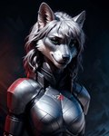 anthro armor ear_piercing female fur green_eyes grey_body grey_fur hair mass_effect piercing silver_hair solo white_body white_fur auykac canid canine fox mammal hi_res