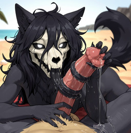 animal_genitalia animal_penis anthro balls beach bedroom_eyes black_body black_fur black_hair black_sclera bodily_fluids bone claws duo equine_penis female fluffy fluffy_tail fur genital_fluids genitals hair inner_ear_fluff leaking_precum long_tongue looking_at_viewer male male/female medial_ring narrowed_eyes oral penis precum saliva sand sea seaside seductive sex skull skull_head tongue tongue_out tonguejob tuft water white_eyes meloncruiser9000 scp_foundation scp-1471 canid canine canis mammal monster wolf cropped edit