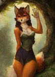 anthro attempted_signature biped black_nose breasts brown_eyes canid canine claws cleavage clothed clothing colossal_exhoost_fume dipstick_tail female fox fur gesture hi_res looking_at_viewer mammal markings orange_body orange_fur outside plant smile solo standing tail_markings tree waving white_body white_fur