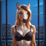 anthro bra breasts brown_eyes close-up clothed clothing female fur hair lingerie long_hair medium_breasts multicolored_hair night solo tuft underwear ivorymane equid equine horse mammal half-length_portrait portrait watermark