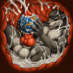 animal_genitalia animal_penis anthro balls big_balls big_penis bodily_fluids canine_genitalia canine_penis cock_vore cum cum_on_body genital_fluids genitals inside_balls internal knot male muscular penile penis planet_penetrated solo vore thedavid canid canine canis mammal wolf hi_res