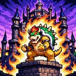 anthro castle claws collar feet fire hair horn looking_at_viewer male open_mouth red_eyes red_hair solo spiked_collar spikes toe_claws toes video_games yellow_body anonymous_director nintendo super_mario_bros bowser koopa scalie digital_media_(artwork) pixel_(artwork)