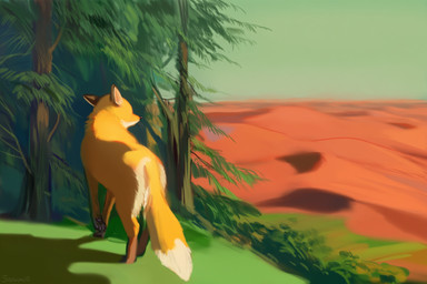 ambiguous_gender black_ears black_nose black_pawpads butt countershade_butt countershading desert dipstick_tail faceless_character feral forest fur green_sky markings nature nature_background orange_body orange_fur pawpads plant quadruped rear_view sand_dune shadow sky solo tail_markings tree walking whiskers sawmill canid canine fox mammal digital_media_(artwork) digital_painting_(artwork) director_name novelai signature