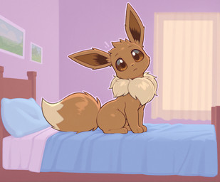 ambiguous_gender bed bedroom feral furniture head_tilt looking_at_viewer neck_tuft side_view sitting solo tuft anonymous_director nintendo pokemon eevee generation_1_pokemon pokemon_(species) hi_res
