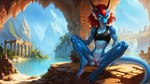 absurd_res anthro blue_body blue_scales bra breasts cave clothing detailed_background dragon female genitals hair hi_res lake landscape mountains oldhroft pussy red_hair ruins scales small_breasts solo sports_bra spread_legs spreading underwear wallpaper wingless_dragon yellow_eyes