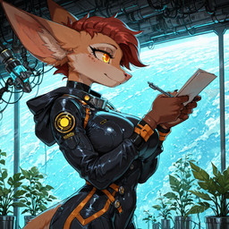 anthro big_breasts breast_squish breasts brown_body clothed clothed_female clothing female fennec_ears glowing glowing_eyes hair holding_object inner_ear_fluff latex latex_clothing long_ears plant plant_pot science science_fiction scientist smile solo space spacecraft_interior spacesuit squish tuft yellow_eyes jacksjilled canid canine fennec fox mammal hi_res