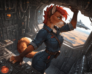 aircraft anthro belt blue_clothing bottomwear clothed clothing detailed_background female hair mechanic red_hair solo spacecraft spacecraft_interior standing suit topwear vehicle work_clothes ivorymane canid canine canis fox hybrid mammal wolf watermark