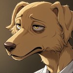 anthro close-up face_focus fur looking_away male narrowed_eyes simple_background solo tired tired_expression tired_eyes yellow_body yellow_eyes yellow_fur angry_puppy beastars jack_(beastars) bird_dog canid canine canis domestic_dog golden_retriever hunting_dog mammal retriever hi_res