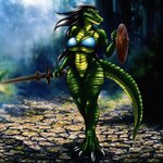 anthro black_hair blue_clothing blue_underwear bottomless bra clothed clothing female flower forest genitals green_body green_skin hair hi_res img2img lendri_mujina lizardman lizardman_(soul_calibur) melee_weapon orange_eyes outside partially_clothed plant psoth_(lendri_mujina) pussy reptile scalie shield solo sword tree underwear weapon