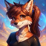 anthro brown_eyes brown_hair canid canine chest_tuft closed_smile clothed clothing cosmicelement cute_fangs eyewear female fox glasses hair headshot_portrait looking_at_viewer mammal ponytail portrait shirt smile solo topwear tuft