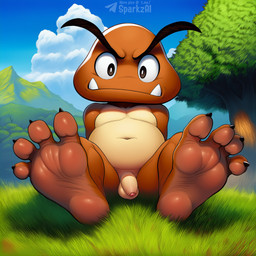 4_toes anthro balls barefoot biped claws cloud countershade_feet countershading detailed_background fangs feet flaccid foot_focus foreskin genitals grass humanoid_feet humanoid_genitalia humanoid_penis looking_at_viewer male mountain navel nude outside penis plant plantigrade sitting sky slightly_chubby soles solo teeth telegram telegram_logo text toe_claws toes tree wrinkled_feet sergalbutt mario_(series) goomba 1:1 director_name signature url
