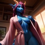 anthro arisa blue_body clothing curvy_figure dragon female furniture hi_res horn looking_at_viewer magenta_hair potca robe scalie solo voluptuous voluptuous_female western_dragon