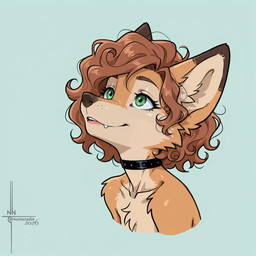 anthro black_eyelashes black_nose brown_hair chest_tuft countershading_fur curled_hair eyebrows eyeshadow fangs female fluffy fluffy_fur fur glistening glistening_lips green_eyes hair lips looking_aside looking_up looking_up_at_another makeup orange_body orange_fur prick_ears simple_background smile solo teeth tuft numeradin canid canine canis mammal wolf headshot_portrait hi_res portrait