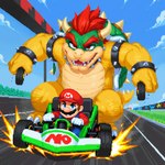 anthro car chasing claws clothing cloud day duo hair horn male open_mouth red_eyes red_hair teeth toe_claws vehicle unknown_director mario_kart nintendo super_mario_bros bowser mario human koopa mammal scalie digital_media_(artwork) hi_res pixel_(artwork)