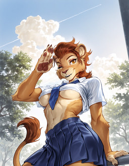 anthro bottomwear breasts claws clothing female gesture inner_ear_fluff navel necktie one_eye_closed orange_eyes outside plant pleated_skirt salute school_uniform skirt solo teeth tree tuft under_boob uniform wink anonymous_director invoke_high felid mammal hi_res