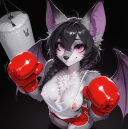anthro bat_ears bodily_fluids bottomwear boxing_gloves braided_hair breasts clothing female gym_bottomwear gym_clothing gym_shorts hair handwear looking_at_viewer membrane_(anatomy) membranous_wings nipple_slip nipples punching_bag purple_eyes shorts simple_background smile solo sweat tank-top tuft wings loren_iipsum magna bat mammal hi_res