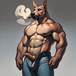 animated anthro balls bodily_fluids canid canine canis clothed clothing domestic_dog erection genital_fluids genitals joachim58 knot male mammal nipples penis precum solo topless