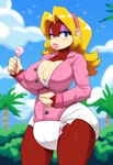 accessory anthro big_breasts blonde_hair blue_eyes breasts brown_body brown_fur candy clothed clothing dessert diaper eyeshadow female food fur hair hair_accessory hairband jungle lollipop long_sleeves makeup onesie solo wearing_diaper donkey_kong_(series) nintendo candy_kong ape gorilla haplorhine mammal primate hi_res novelai