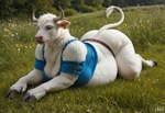 all_fours anthro belt big_butt blue_clothing breasts butt clothing female field fingers fur hooved_fingers hooves horn meadow neck_tuft on_knees overweight overweight_anthro overweight_female pink_nose solo tail_tuft thick_thighs tuft white_body white_fur anonymous_director bovid bovine cattle mammal hi_res