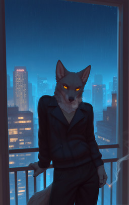 anthro balcony black_bottomwear black_claws black_clothing black_jacket black_pants black_topwear bottomwear breath building cigarette city city_background cityscape claws clothing fur grey_body grey_fur jacket leaning leaning_backward looking_at_viewer male naughty_face night orange_eyes orange_sclera pants pupils raining size_difference slit_pupils smaller_male smoke solo topwear white_body white_fur adragocult canid canine canis coyote mammal absurd_res hi_res portrait