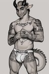 anthro arm_tattoo bedroom_eyes belly_tattoo bulge clothed clothing dragon hair horn jockstrap male midriff monochrome muscular narrowed_eyes pecs pose scalie seductive simple_background sketch skimpy smile smiley solo tattoo topless underwear underwear_only