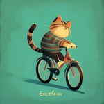 anthro bicycle blue_background bottomwear clothing eyes_closed male pants pattern_clothing pink_nose simple_background solo striped_body striped_clothing stripes tail text vehicle whiskers sappy_(director) domestic_cat felid feline felis mammal tabby_cat hi_res shaded