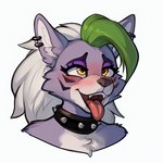 ahegao amber_eyes anotherarcticfox anthro blush canid canine canis collar ear_piercing ear_ring eyeshadow facial_markings fangs female five_nights_at_freddy's five_nights_at_freddy's:_security_breach head_markings looking_pleasured makeup mammal markings piercing ring_piercing roxanne_wolf_(fnaf) solo spiked_collar spikes tongue tongue_out wolf