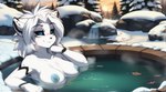 <3 anthro areola blue_eyes breasts female fur hair hot_spring looking_at_viewer nipples nude outside partially_submerged smile snow solo twokinds water white_body white_fur white_hair anontk willow_wisp felid mammal pantherine absurd_res digital_media_(artwork) hi_res