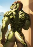 anthro argonian bumblebee95 butt countershading green_body green_scales hi_res leaning looking_back male mountains muscular muscular_anthro muscular_male outside scales scalie sky solo standing wall_(structure) white_body white_countershading