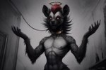 abs anthro collar dark_background flat_chested halo male red_eyes slim smile solo solo_focus spots redactedpaws hyaenid hybrid mammal mephitid skunk greyscale monochrome