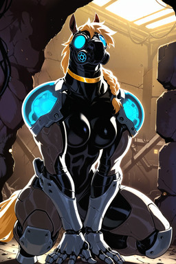anthro blonde_hair braided_hair choker crouching cybernetics female gas_mask hair hands_on_ground jewelry machine mask necklace solo anonymous_director cyborg equid equine mammal absurd_res hi_res