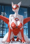 anthro apartment bed bedroom blinds blush breasts city city_background city_skyline cityscape female furniture genitals kneeling kneeling_on_bed night night_sky open_mouth pussy solo surprised_expression tongue window wings matt3985_(director) phazon generation_3_pokemon latias legendary_pokemon pokemon_(species) hi_res