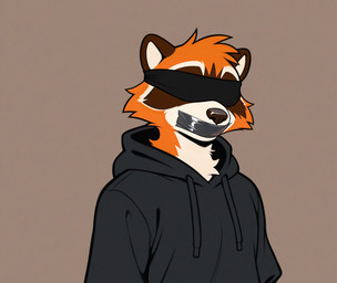 anthro black_clothing black_hoodie black_topwear blindfold cheek_tuft clothed clothing facial_tuft fur gag gagged hoodie male orange_body orange_fur simple_background solo tape tape_gag topwear tuft towersmash sam_stalwart mammal procyonid raccoon portrait