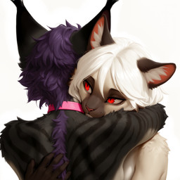 anthro collar duo ear_tuft embrace female fur grey_body grey_fur hair hug purple_hair red_eyes slim stripes tuft white_body white_fur white_hair seli-32 chai_(seli-32) jen_(jenlekiska) domestic_cat felid feline felis lynx mammal siamese hi_res