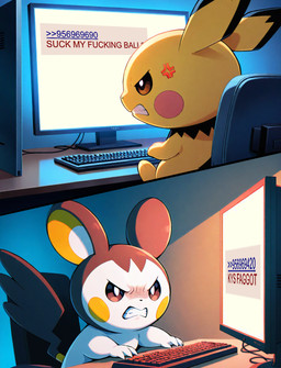 angry chair computer duo furniture keyboard male on_chair semi-anthro sitting sitting_on_chair teeth text anonymous_director nintendo pokemon emolga generation_2_pokemon generation_5_pokemon pichu pokemon_(species) english_text hi_res