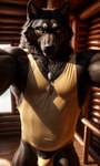 anthro black_body black_fur black_nose bulge canid canine canis clothing embrace fur hi_res hug inner_ear_fluff jewelry keebler male mammal necklace shirt smirking_at_viewer solo standing tank_top topwear tuft underwear white_body white_fur wolf yellow_eyes