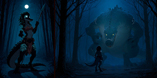 anthro barefoot digitigrade dreadlocks duo feet female forest glowing glowing_tattoo holding_object holding_weapon jewelry male markings melee_weapon moon necklace night outside plant polearm scared size_difference solo spear tattoo tree tribal tribal_clothing tribal_jewelry tribal_markings tribal_necklace tribal_tattoo weapon loren_iipsum crocodilian monster reptile scalie hi_res