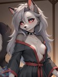 anthro choker clothing female fur gray_hair grey_body grey_fur jewelry looking_at_viewer necklace open_mouth red_sclera robe solo white_body director_myrlonel loona_(helluva_boss) canid canine canis mammal wolf hi_res