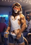 alcohol anthro beer beverage beverage_can blush bottomwear brown_hair bulge clothing drunk fur genitals hair holding_object inside looking_at_viewer male muscular muscular_anthro muscular_male nipples one_eye_closed party penis penis_base pulling_pants_down shirt shorts smile smiling_at_viewer solo_focus substance_intoxication tank_top topwear wink yellow_body yellow_fur bmrwcl felid lion mammal pantherine hi_res