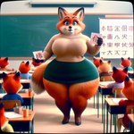 ambiguous_gender anthro big_breasts big_butt black_nose blue_eyes bottomwear breasts butt card chalkboard classroom clothing container cup desk dipstick_tail female footwear fur furniture group high_heels holding_object huge_butt hyper hyper_butt hyper_hips inner_ear_fluff markings orange_body orange_fur pencil_(disambiguation) ribbed_clothing ribbed_sweater school skirt solo_focus standing sweater table tail_markings teacher text thick_thighs topwear tuft wall_(structure) wide_hips young anonymous_director canid canine fox mammal red_fox chinese_text