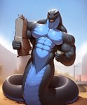 abs anthro apode big_biceps big_muscles big_pecs black_body black_scales blue_body blue_scales destruction detailed_scales featureless_crotch holding_object legless male muscular muscular_male nude pecs scales serpentine solo agreenfish draconcopode naga reptile scalie snake detailed hi_res