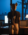 anthro butt clothing computer detailed_background evening fur hand_on_table lamp male male_focus raised_tail realistic rear_view shirt slim solo solo_focus spots spotted_body spotted_fur t-shirt t-shirt_only topwear horny_pepega hyaenid mammal hi_res photography_(artwork) shaded