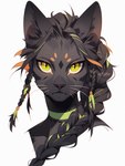 anthro black_body black_fur black_nose braided_hair choker eyebrows eyelashes facial_markings female fur green_eyes hair head_markings inner_ear_fluff jewelry markings necklace simple_background solo tuft whiskers white_background sappy_(director) felid feline mammal hi_res portrait