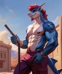 anthro biceps blue_body blue_skin bottomwear city clothing desert detailed_background ears_up hair jewelry looking_at_viewer male male/male muscular muscular_male necklace nipples pants red_hair sharp_teeth sky smile solo solo_focus tail_aside teeth kuranoidss fish marine shark