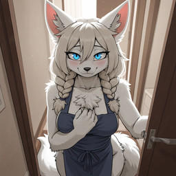 anthro black_nose blue_clothing blue_eyes braided_hair breasts chest_tuft clothing door female fluffy fluffy_tail fur hair inner_ear_fluff inside looking_at_viewer pupils slit_pupils smile solo tuft white_body white_fur white_hair wide_hips meloncruiser9000 arctic_fox canid canine fox mammal hi_res