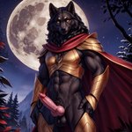 anthro armor balls black_body black_fur black_hair black_nipples bodily_fluids cape cloak clothing forest full_moon fur genital_fluids genitals gold_(metal) gold_armor hair humanoid_genitalia humanoid_penis hybrid_genitalia hybrid_penis knot knotted_humanoid_penis male moon night nipples nude penis plant precum red_cape smile solo tree yellow_eyes thunderwolf row canid canine canis mammal wolf absurd_res hi_res