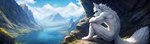 anthro cloud detailed_background digitigrade fluffy fluffy_tail fur grass green_eyes lake landscape male mountains muscular nude plant sitting sitting_on_ground solo white_body white_fur yalonip canid canine canis mammal wolf absurd_res hi_res