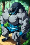 anthro ben_10 big_muscles blue_clothing cartoon_network claws clothing finger_claws forest fur grey_body grey_fur huge_muscles huge_pecs male muscular outdoors outside pecs plant solo toe_claws tree malachiteai blitzwolfer canid canine canis loboan mammal were werecanid werecanine werewolf wolf hi_res